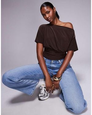 ASOS Asymmetric One Shoulder Short Sleeve Top With Cinch Waist Detail - Brown
