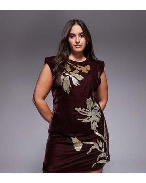 ASOS Asos Design Curve Velvet Shoulder Pad Mini Dress With Floral Embellishment - Brown