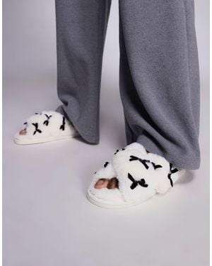 River Island Plush Cross Strap Slippers With Bows - Metallic