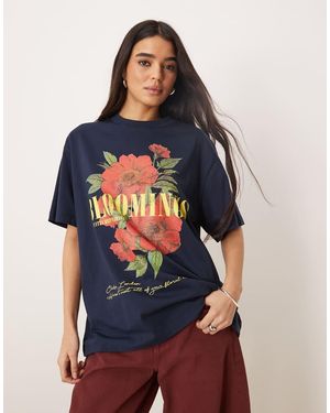 ASOS T-Shirt Oversize Con Stampa Di Fiori E Scritta “Blooming” - Blu