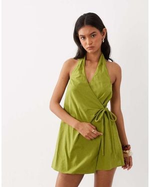 ASOS Cotton Linen Halter Neck Wrap Mini Sundress - Green