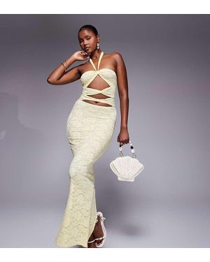 Murci Vestido Largo Amarillo Con Cuello Halter Y Abertura De Encaje Exclusivo De