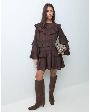 Y.A.S Langärmliges gestuftes volant-boho-minikleid - Braun