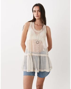 Miss Selfridge Festival Embroidered Mesh Cami Top - Natural