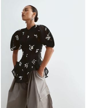 ARRANGE Pearl Cluster Embellished Volume Sleeve Organza Top - Black