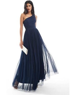LACE & BEADS Bridesmaid One Shoulder Maxi Dress - Blue