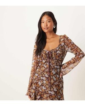 ASOS Asos Design Petite Ruched Bust Long Sleeve Mini Dress - Brown