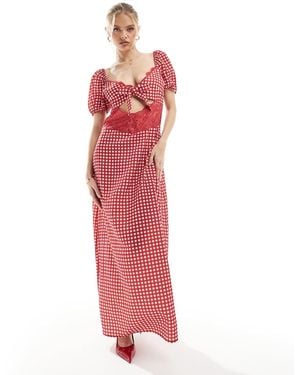 The Frolic Exclusive Lace Insert Cut Out Puff Sleeve Satin Maxi Dress - Red