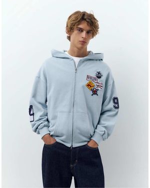 Pull&Bear Felpa Pallido Con Cappuccio, Zip E Toppe - Blu