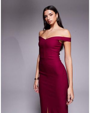 Vesper Bengaline Midi Jurk Met Hartvormige Bardot-Halslijn En Split Aan De Voorkant - Rood