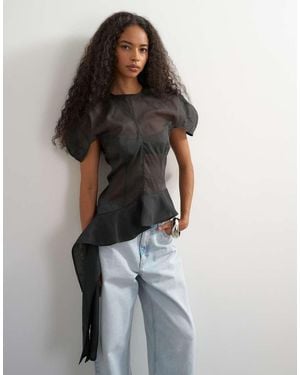 TOPSHOP Top Met Pofmouwen En Organzaruches - Zwart