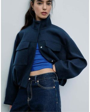 Stradivarius Soft-Touch Bomber Jacket With Pockets - Blue