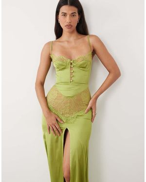 The Dolls House Vestido Maxi Lencero De Satén Premium Con Inserciones De Encaje En - Verde