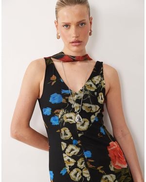 ASOS Printed Mesh Midi Dress With Scarf Detail - Multicolor