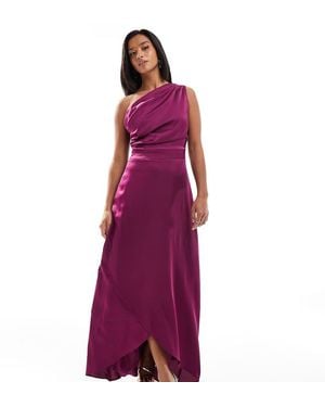 TFNC London Bridesmaid One Shoulder Satin Maxi Dress With Wrap Skirt - Purple