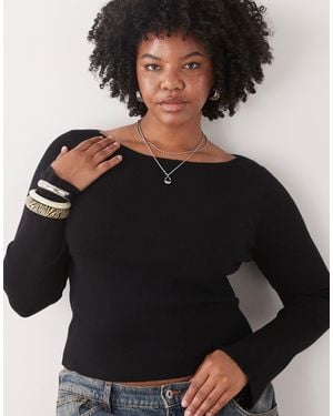 Collusion Plus Knitted Slash Neck Long Sleeve Top - Black