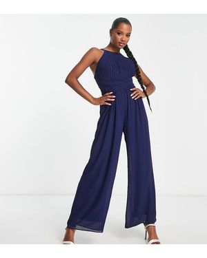 TFNC London Bridesmaid Pleated Halter Neck Wide Leg Jumpsuit - Blue