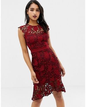 Lipsy Crochet Lace Pencil Dress With Flippy Hem - Red