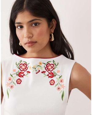 Miss Selfridge Slash Neck Tank With Embroidery - White