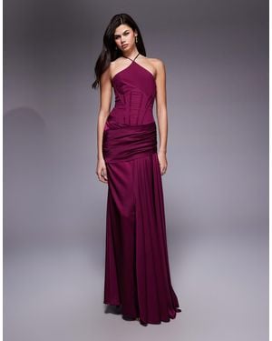 ASOS Premium Halterneck Corset Fishtail Maxi Dress With Drape Detail - Purple