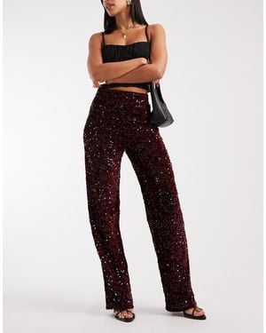 Pieces Wide Leg Velour Sequin Trousers - Red