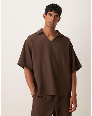 ASOS Oversized Revere Plisse Polo - Brown