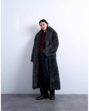 TOPSHOP Abrigo Muy Largo Gris Carbón Con Solapas De Esmoquin Extragrandes De Piel Sintética De - Azul