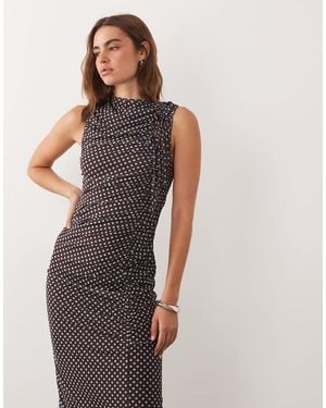 Ghospell Mesh Overlay Sleeveless Ruched Detail Slinky Midi Dress - Brown