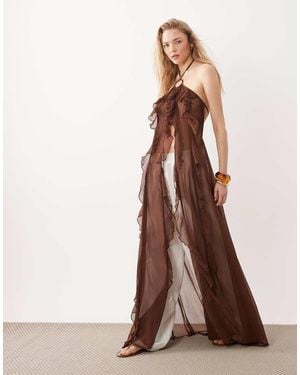 Miss Selfridge Chiffon Halterneck Ring Detail Ruffled Maxi Length Beach Cover Up - Brown