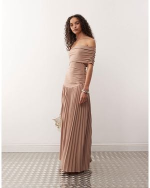 Lioness Field Of Dreams Bardot Ruched Waist Pleated Drop Hem Maxi Dress - Natural