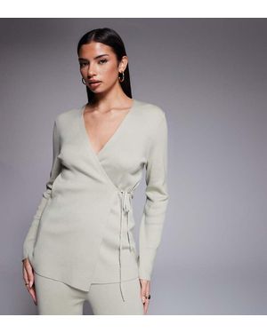 Kaiia Exclusive Ribbed Knit Wrap Front Top Co-ord - Grey
