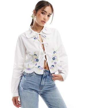 Object Tie Front Shirt With Floral Embroidery - White