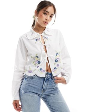 Object Tie Front Shirt With Floral Embroidery - White