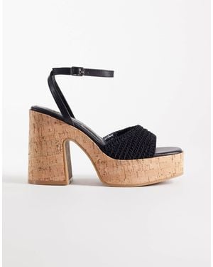 South Beach Crochet Cork Heeled Sandals - Black
