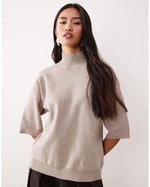 Pretty Lavish Knitted Roll Neck Cropped Sleeve Jumper - Natural