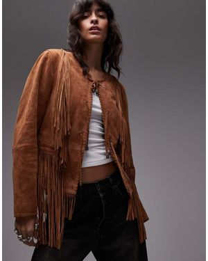 Urbancode Chaqueta Marrón De Estilo Boho Con Detalle De Flecos De Ante De