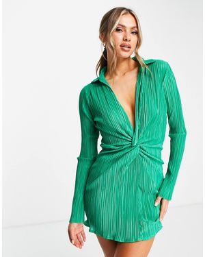 Missy Empire Exclusive Plisse Wrap Front Long Sleeve Mini Dress - Green