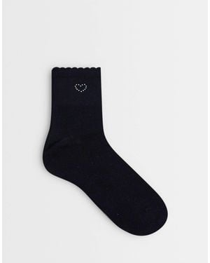 Vero Moda Lettuce Edge Socks With Rhinestone Heart - Blue