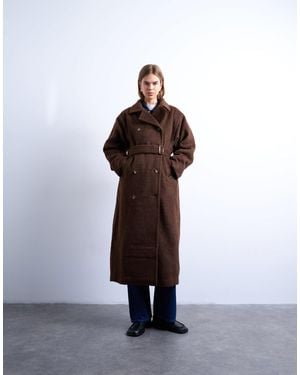 TOPSHOP Manteau long non doublé en laine à boutonnage croisé - chocolat - Marron