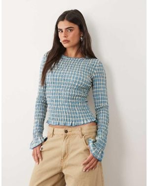 Daisy Street Long Sleeve Shirred Top - Blue