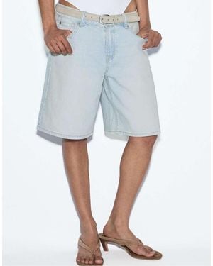 Stradivarius Belted Denim Bermuda Shorts - Blue