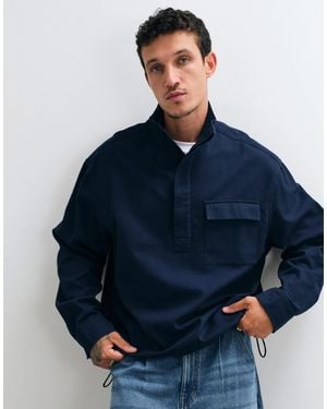 ASOS Oversized Funnel Neck Cotton Twill Shirt - Blue