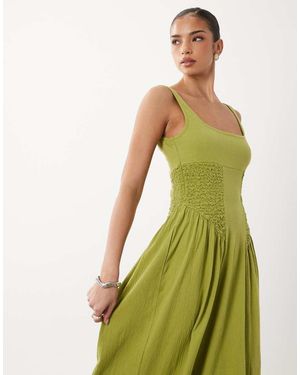 ASOS Crinkle Square Neck Panel Detail Midi Dress - Green