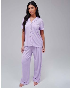 Loungeable Super Soft Jersey Rib Traditional Short Sleeve Long Pant Set - Purple