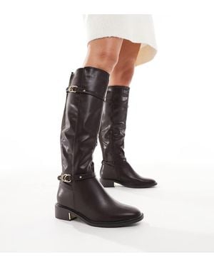 SEQWL Wide Fit Latte Buckle Detail Refined Riding Boots - Brown