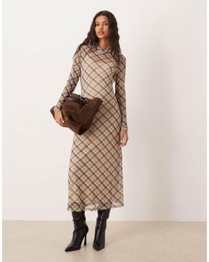 Vila High Neck Mesh Midi Dress - Natural
