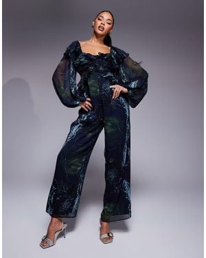 ASOS Long Sleeve Ruffle Off Shoulder Jumpsuit - Blue