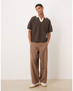 ASOS Relaxed Knitted Notch Neck Polo With Front Pocket - Brown