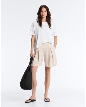 Oysho Wide Striped Pleated Bermuda Shorts - White