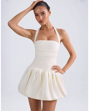 Oh Polly Satin Halter Neck Ruched Bandeau Bubble Hem Mini Dress - White